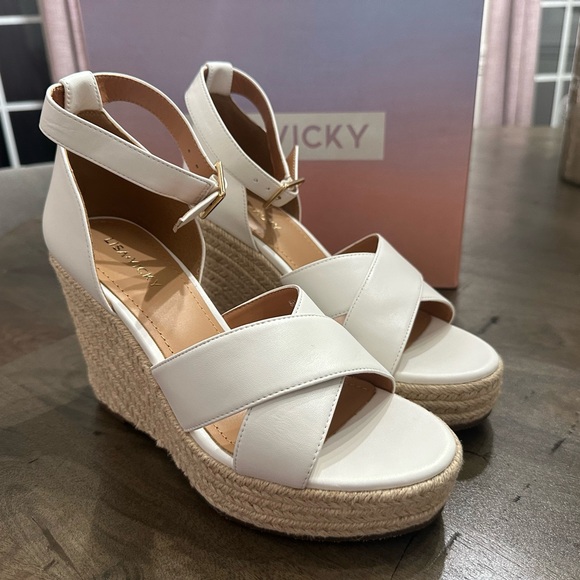 New $100 Lisa Vicky Leather Nordstrom Gemi Espadrille Wedge Sandal Sz 8.5 White - Picture 3 of 12